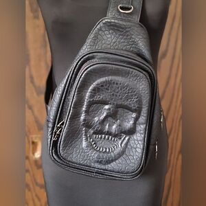 Black Leather Skull Sling Bag